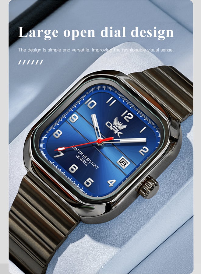 Opk Brand Watch, Stylish Business Exquisite Quartz Watch, Waterproof Single Calendar, Men'S Watch - 6040 Black Steel, Blue Dial. - Image 2