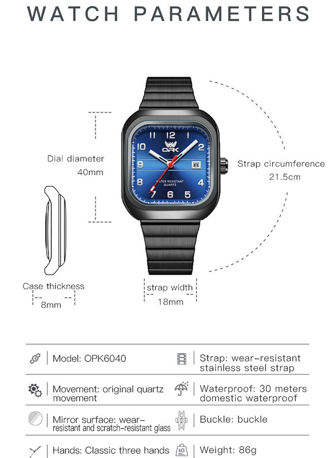 Opk Brand Watch, Stylish Business Exquisite Quartz Watch, Waterproof Single Calendar, Men'S Watch - 6040 Black Steel, Blue Dial. - Image 3