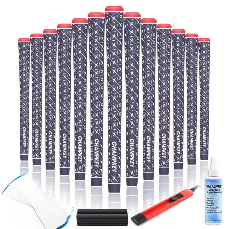 Champkey X Rubber Golf Grips Set - 13 Grips & Repair Kit or Tapes (Midsize, Blue) - Includes Solvent, Hook Blade & Vise Clamp - Image 1