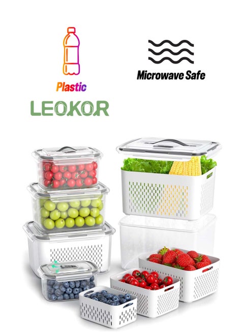 5 Pack Fruit Storage Containers for Fridge with Removable Colanders, Airtight Produce Vegetable Berry Containers for Fridge, All-In-One Food Storage Containers for Washing, Draining, Freshness
