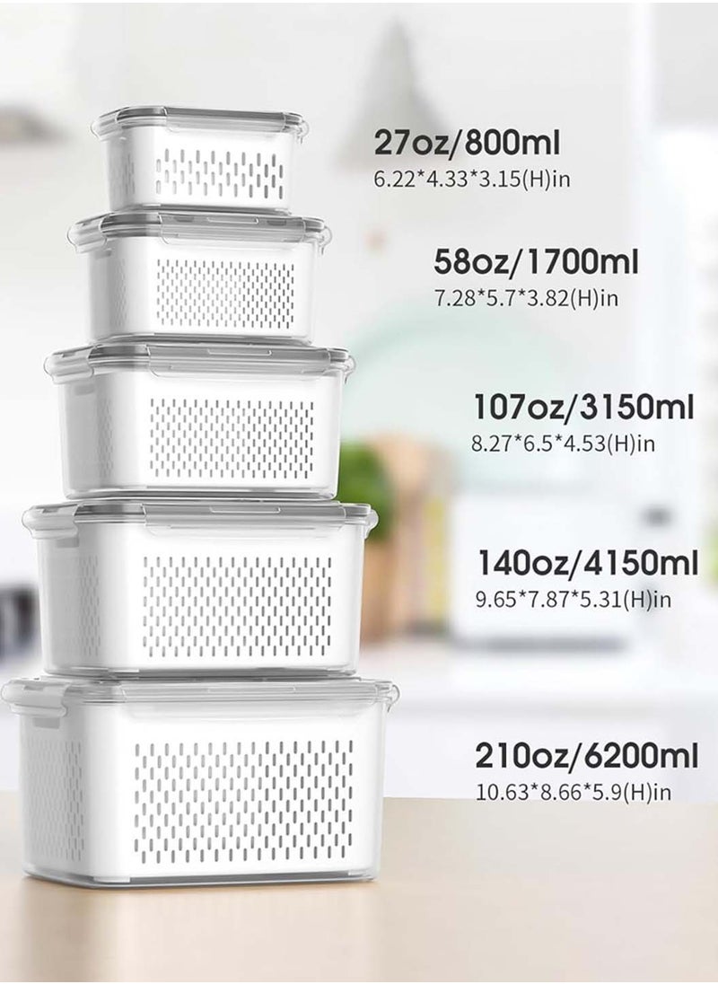 LEOKOR - 5 Pack Fruit Storage Containers for Fridge with Removable Colanders, Airtight Produce Vegetable Berry Containers for Fridge, All-In-One Food Storage Containers for Washing, Draining, Freshness - Image 1