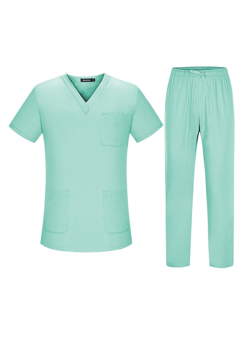 Loquat Unisex Loose Medical Uniform Scrubs 2 Piece Set V-Neck Top and Elastic Waist Pants Suit Light Green - Image 1