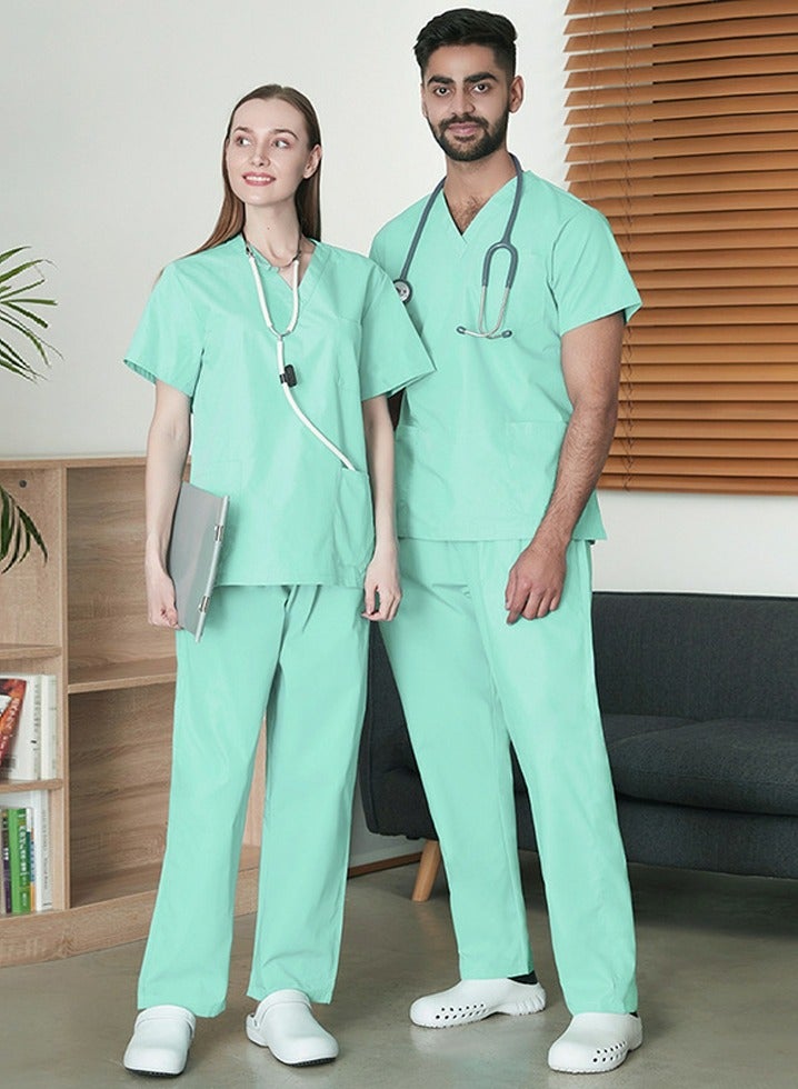 Loquat Unisex Loose Medical Uniform Scrubs 2 Piece Set V-Neck Top and Elastic Waist Pants Suit Light Green - Image 2