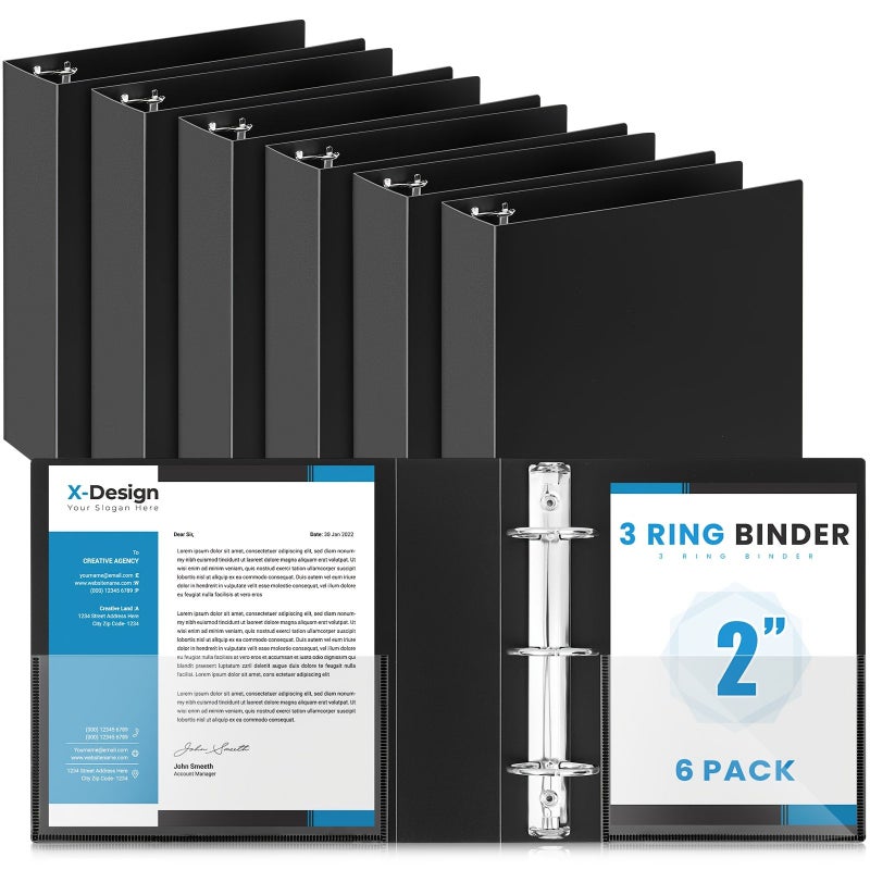 6 Pack Small 3 Ring Binders 5.5 x 8.5 Inch 2 Ring Black Flexible Hold 375 Sheets - Image 1