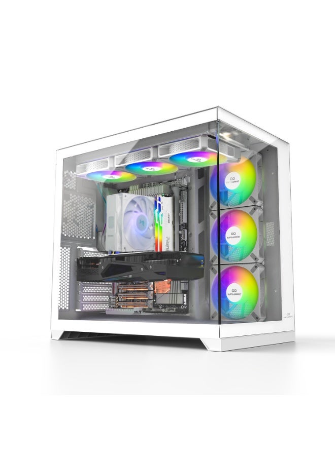 انفني ارك حاسوب ألعاب INFINIARC RTX 5070 المكتبي (حالة مكعبة، لوحة أم B860 DS3H، بطاقة رسومات RTX 5070 بسعة 12 جيجابايت، معالج Intel Ultra 5، ذاكرة RAM بسعة 16 جيجابايت DDR5، قرص SSD بسعة 1 تيرابايت M.2، مبرد هواء ARGB رقمي، مزود طاقة CORE GX Plus بقوة 750 واط، ويندوز برو) أبيض - Image 1
