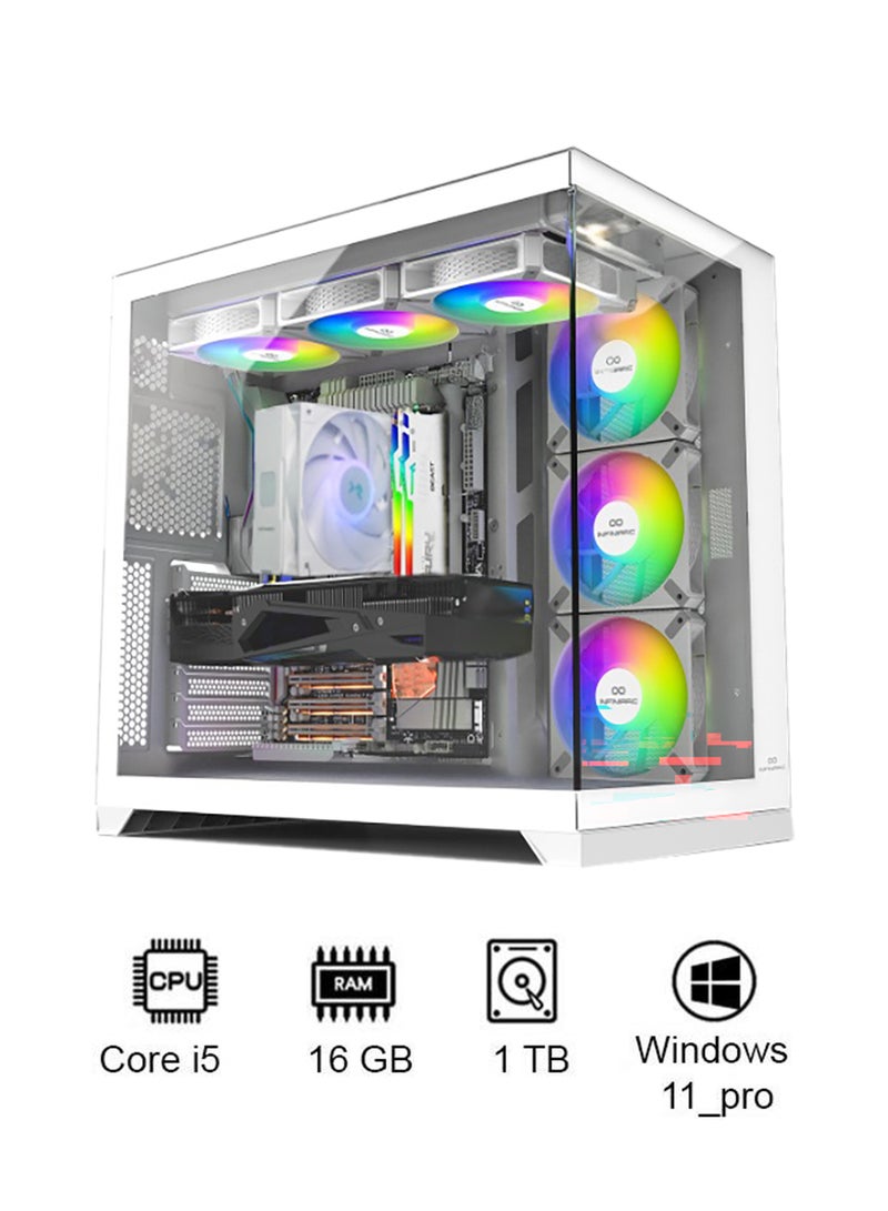 انفني ارك حاسوب ألعاب INFINIARC RTX 5070 المكتبي (حالة مكعبة، لوحة أم B860 DS3H، بطاقة رسومات RTX 5070 بسعة 12 جيجابايت، معالج Intel Ultra 5، ذاكرة RAM بسعة 16 جيجابايت DDR5، قرص SSD بسعة 1 تيرابايت M.2، مبرد هواء ARGB رقمي، مزود طاقة CORE GX Plus بقوة 750 واط، ويندوز برو) أبيض - Image 1