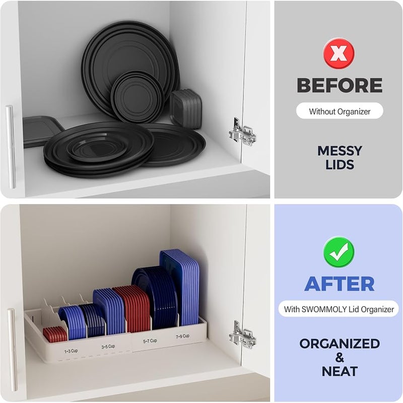 SWOMMOLY Expandable Food Storage Container Lid Organizer, Includes 6 Adjustable Dividers, 30 Preprinted and Blank Writable Labels, White - Image 4