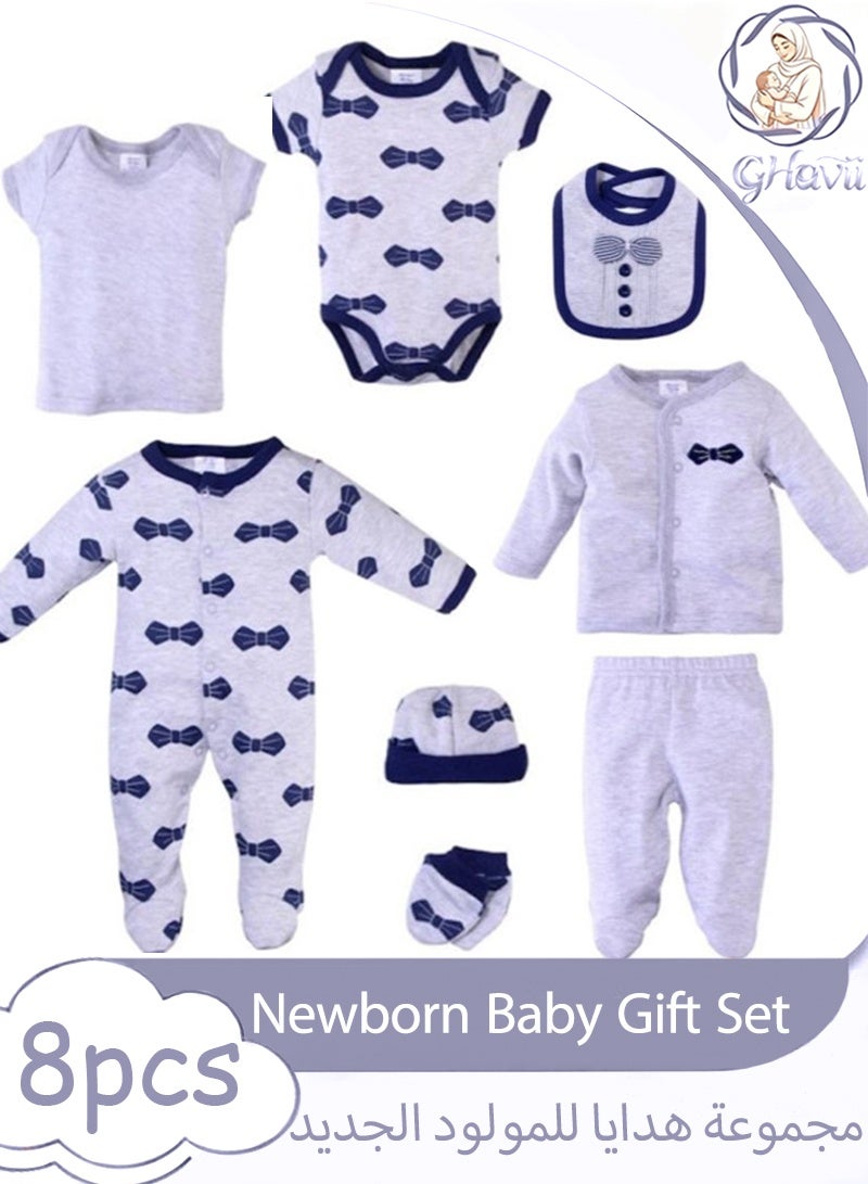 GHavii 8PCS Newborn Baby Gift Set, Newborn Layette Gift Set for Boys, Babies Essential Clothes Accessories, 100% Premium Cotton, Baby Bodysuit, New Eight-Piece Children's Jumpsuit Set for Spring Summer Autumn Winter Four Seasons - Image 1