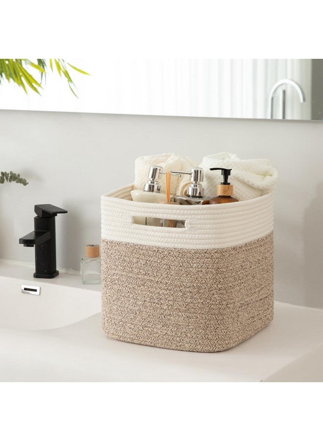 OIAHOMY Cube Storage Basket, 3-Pack Woven Cotton Rope Baskets For Storage, 11-Inch Cube Basket With Handles, Great For Shelves, Closets, Children'S Toy Storage And Organization-White & Brown - Image 5