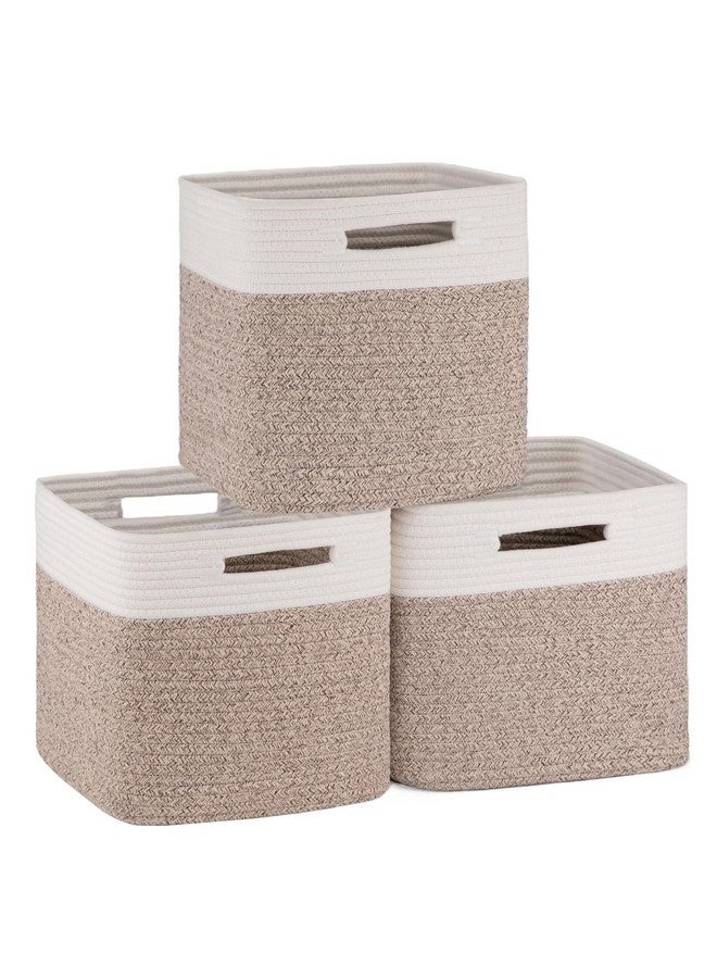 OIAHOMY Cube Storage Basket, 3-Pack Woven Cotton Rope Baskets For Storage, 11-Inch Cube Basket With Handles, Great For Shelves, Closets, Children'S Toy Storage And Organization-White & Brown - Image 1