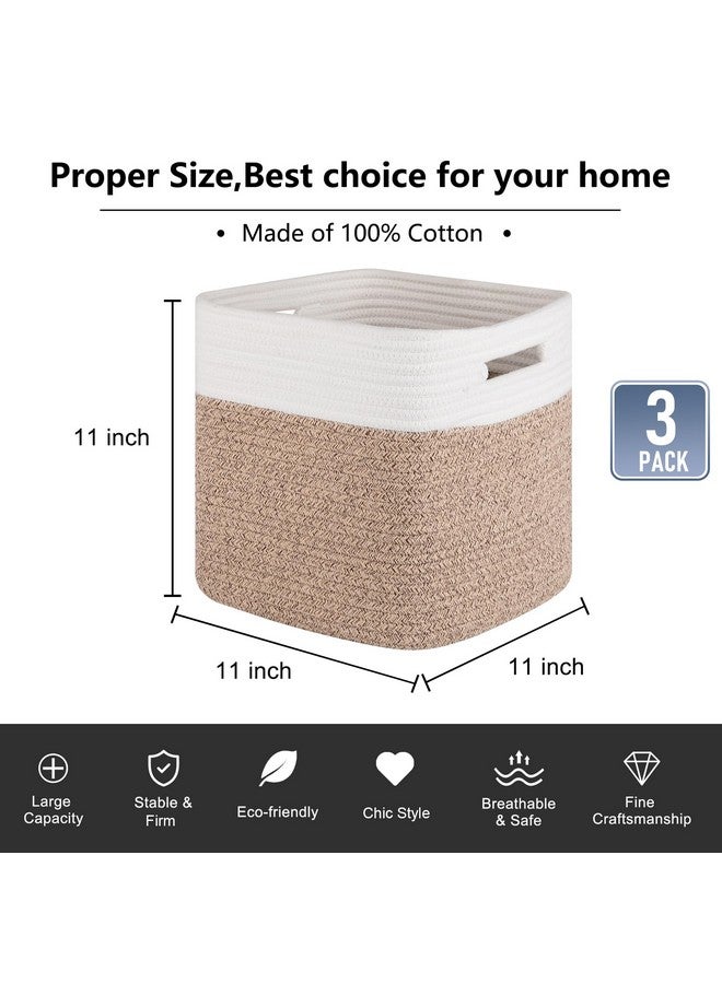OIAHOMY Cube Storage Basket, 3-Pack Woven Cotton Rope Baskets For Storage, 11-Inch Cube Basket With Handles, Great For Shelves, Closets, Children'S Toy Storage And Organization-White & Brown - Image 3