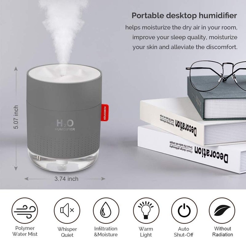 MOVTIP Portable Mini Cool Mist Humidifier, 500ml USB Personal Desktop Humidifier for Baby Bedroom Travel Office Home, Auto Shut-Off, 2 Mist Modes, Super Quiet, Gray - Image 2
