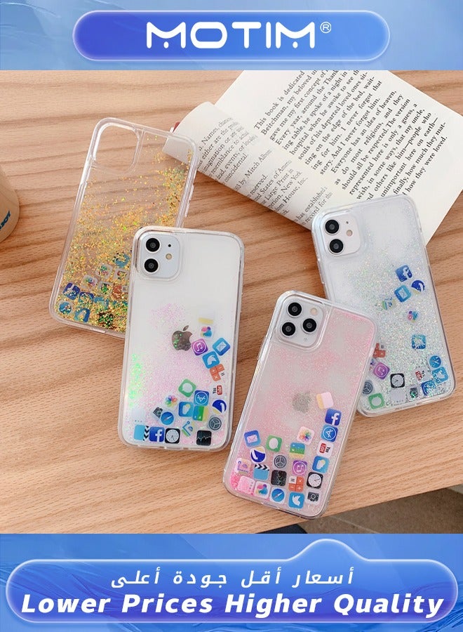 Motim Liquid Plain and Glitter Case for iPhone 14 Pro with Cute Bling Sparkle, Hard Back Colorful Bling Quicksand with iOS Icon Soft Rubber TPU Bumper Protective Case Cover - Image 2
