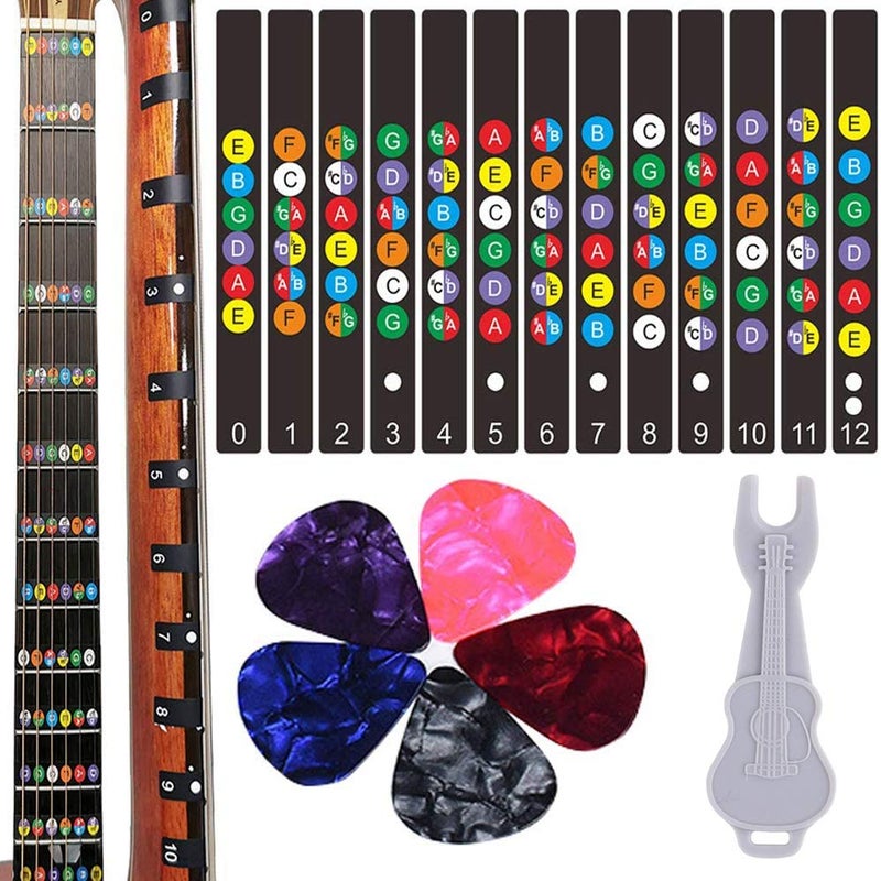 Guitar Fretboard Stickers Kimlong Color Coded Note Decals Fingerboard Frets Map Sticker for Beginner Learner Practice Fit 6 Strings Acoustic Electric Guitars with 5 Guitar Picks 1 Bridge Pin Puller
