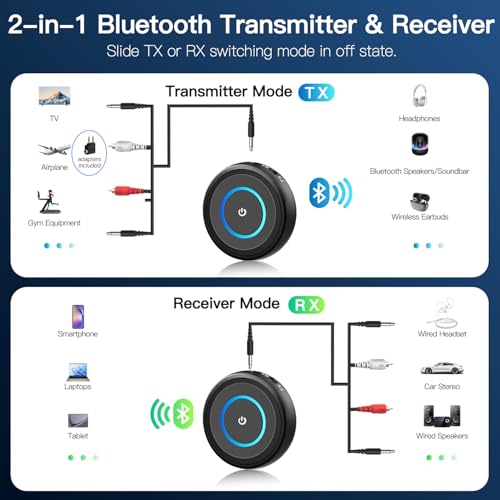 BANIGIPA Bluetooth 5.3 Transmitter Receiver, 2-in-1 Wireless Transmitter Receiver for TV/Airplane/Home Stereo/Speakers/Headphones/Car, Audio Adapter w/3.5mm AUX/RCA Jack, Dual Link, Low Latency, 16H - Image 2