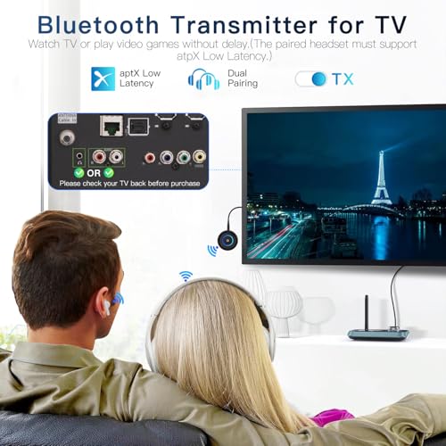 BANIGIPA Bluetooth 5.3 Transmitter Receiver, 2-in-1 Wireless Transmitter Receiver for TV/Airplane/Home Stereo/Speakers/Headphones/Car, Audio Adapter w/3.5mm AUX/RCA Jack, Dual Link, Low Latency, 16H - Image 4