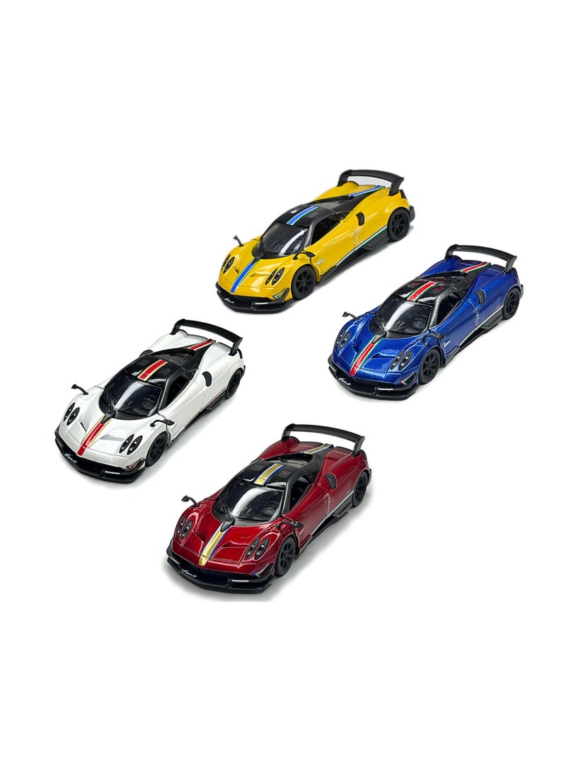 Kinsmart Pack of 4 Pcs 1:38 Scale Door Openable Pull Back Action 2016 Pagani Huayra BC with Printing Diecast Alloy Metal Car-Assorted Colour 