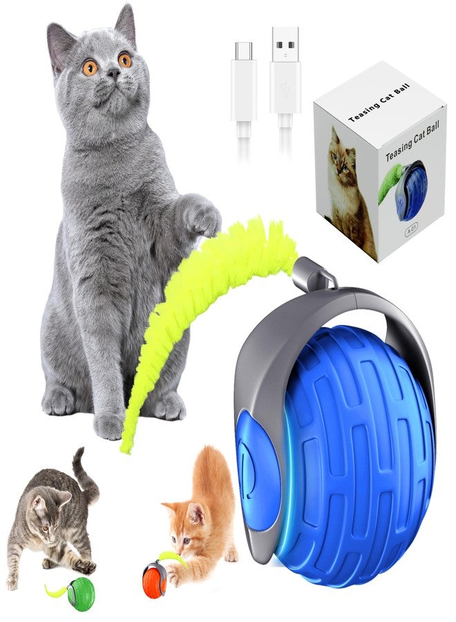 YEMEDA Cat Toys,Interactive Cat Toys Ball for Bored Indoor Cats,Automatic Rolling,Drop Resistant and Obstacle Avoidance,2 Modes Adjustment,Fluffy Tail and USB Type-C Rechargeable（Blue） - Image 1