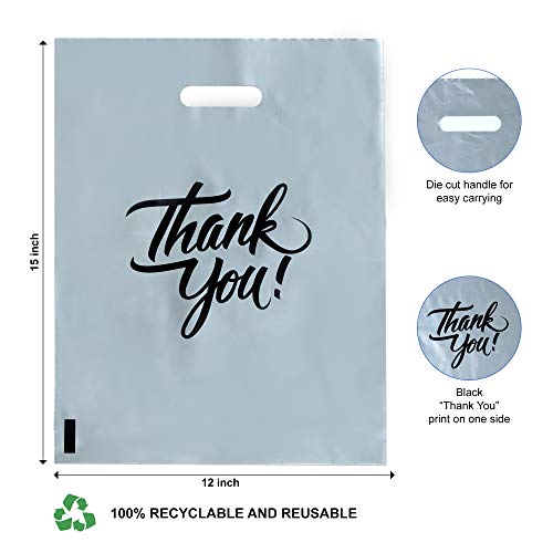 Infinite Pack 100Pcs Thank You Merchandise Bags, Extra Thick 2.35Mil 12"x15" Silver Retail Plastic Shopping Bags for Small Business Stores Boutique Clothes, Reusable Gift Bags Plastic Bags with Handle - Image 2