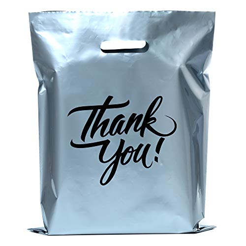 Infinite Pack 100Pcs Thank You Merchandise Bags, Extra Thick 2.35Mil 12"x15" Silver Retail Plastic Shopping Bags for Small Business Stores Boutique Clothes, Reusable Gift Bags Plastic Bags with Handle - Image 1