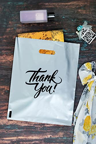 Infinite Pack 100Pcs Thank You Merchandise Bags, Extra Thick 2.35Mil 12"x15" Silver Retail Plastic Shopping Bags for Small Business Stores Boutique Clothes, Reusable Gift Bags Plastic Bags with Handle - Image 5