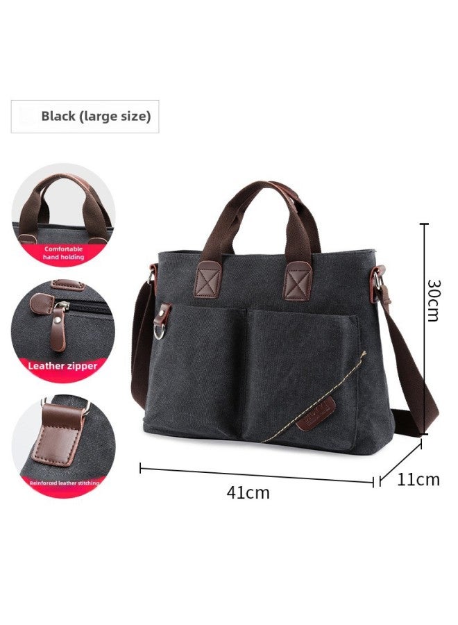 Casual Canvas Men's Shoulder Bag Outdoor Street Style Trendy Backpack Single Strap Business Tote Bag Student Leisure Crossbody Bag-Color:Black Large (compartment Can Be Put Into 14 Inch Notebook)-Dimensions:10 Inch  - Image 1