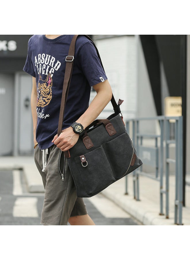 Casual Canvas Men's Shoulder Bag Outdoor Street Style Trendy Backpack Single Strap Business Tote Bag Student Leisure Crossbody Bag-Color:Black Large (compartment Can Be Put Into 14 Inch Notebook)-Dimensions:10 Inch  - Image 4