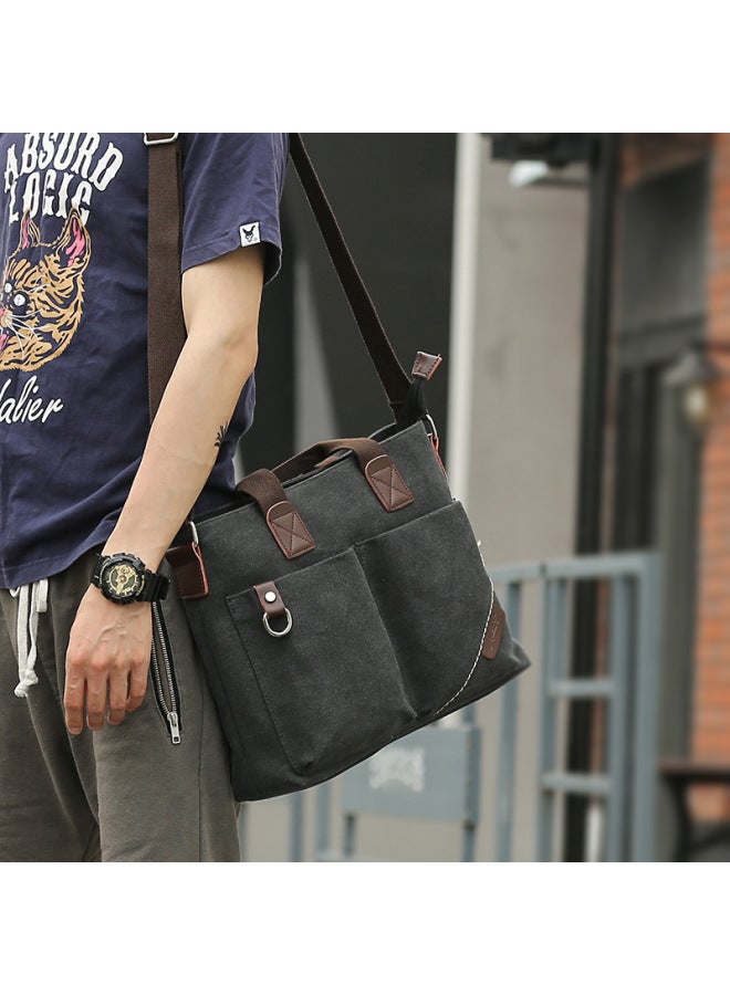 Casual Canvas Men's Shoulder Bag Outdoor Street Style Trendy Backpack Single Strap Business Tote Bag Student Leisure Crossbody Bag-Color:Black Large (compartment Can Be Put Into 14 Inch Notebook)-Dimensions:10 Inch  - Image 3