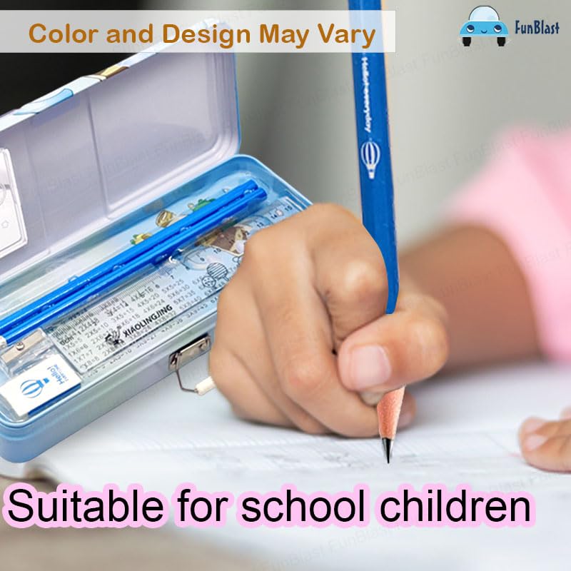 FunBlast Metal Pencil Box Case with Pencil, Eraser, Sharpener Stationery Set – Double Layer Pencil Case Stationary Organizer for Kids, Boys, Girls (Random Color and Design) - Image 5