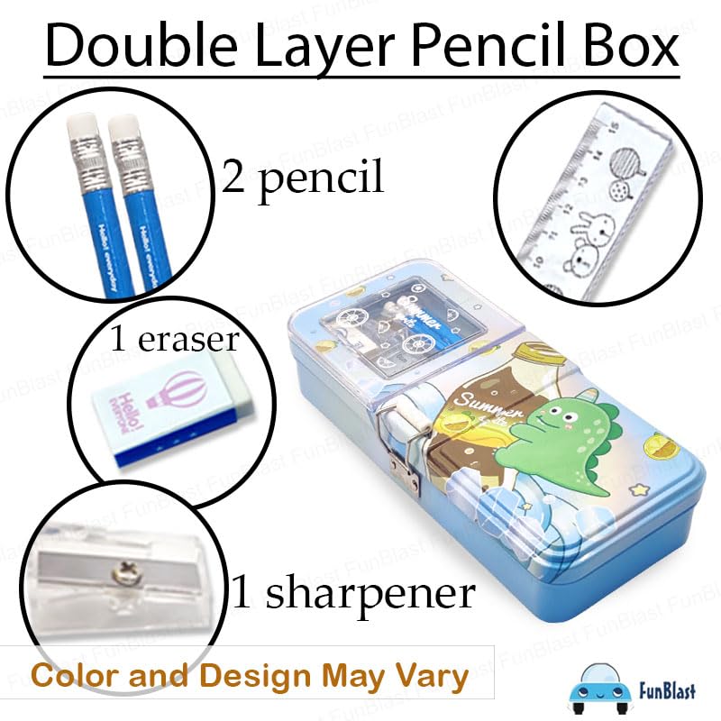 FunBlast Metal Pencil Box Case with Pencil, Eraser, Sharpener Stationery Set – Double Layer Pencil Case Stationary Organizer for Kids, Boys, Girls (Random Color and Design) - Image 3