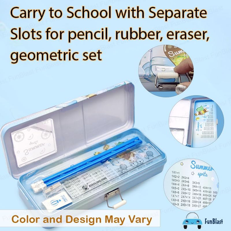 FunBlast Metal Pencil Box Case with Pencil, Eraser, Sharpener Stationery Set – Double Layer Pencil Case Stationary Organizer for Kids, Boys, Girls (Random Color and Design) - Image 4