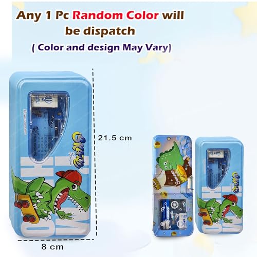 FunBlast Metal Pencil Box Case with Pencil, Eraser, Sharpener Stationery Set – Double Layer Pencil Case Stationary Organizer for Kids, Boys, Girls (Random Color and Design) - Image 2