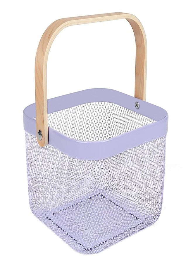AJIODA Metal Mesh Steel Basket, Storage Organizer Basket Multi-functional Hanging Kitchen Baskets Fruit Basket Bin with Bamboo Handle for Kitchen Bathroom Picnic Shopping Decor Cabinet Home, Purple - Image 1