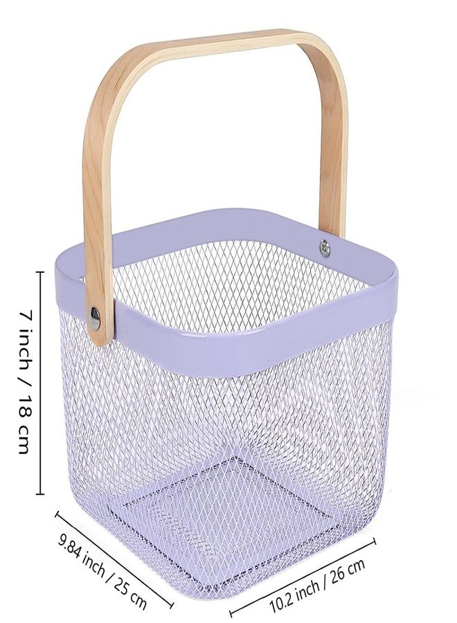 AJIODA Metal Mesh Steel Basket, Storage Organizer Basket Multi-functional Hanging Kitchen Baskets Fruit Basket Bin with Bamboo Handle for Kitchen Bathroom Picnic Shopping Decor Cabinet Home, Purple - Image 5