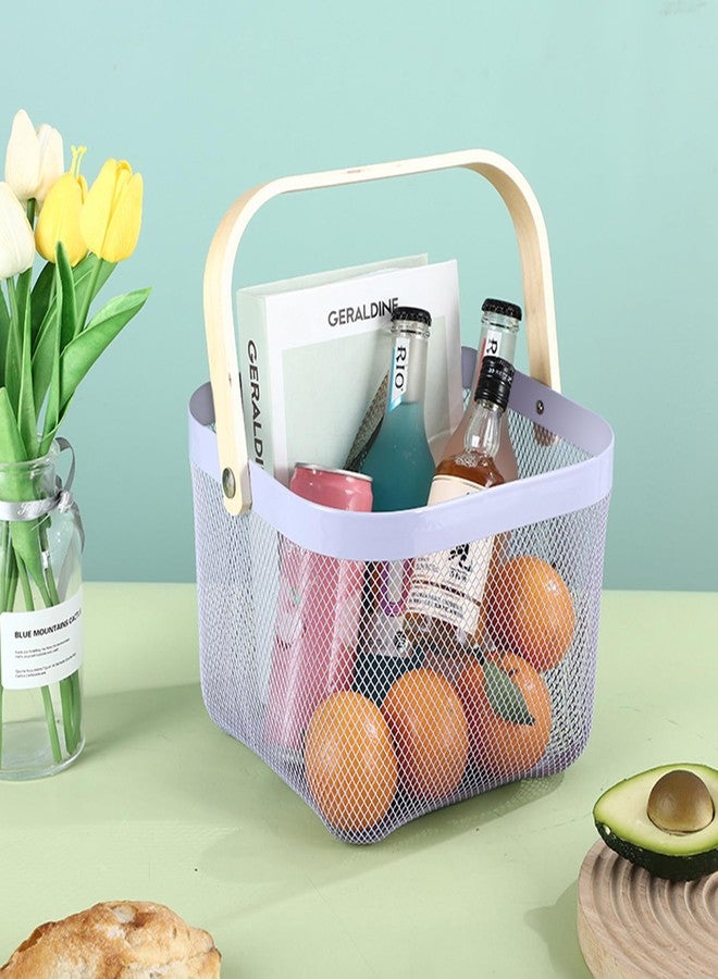AJIODA Metal Mesh Steel Basket, Storage Organizer Basket Multi-functional Hanging Kitchen Baskets Fruit Basket Bin with Bamboo Handle for Kitchen Bathroom Picnic Shopping Decor Cabinet Home, Purple - Image 3