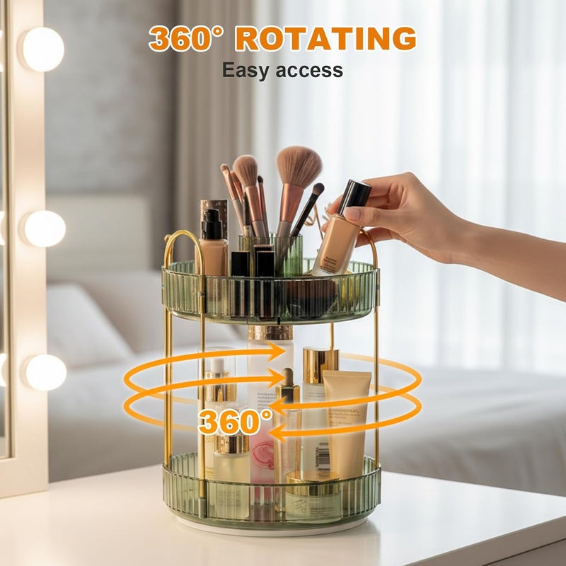 SHANNA Make Up Cosmetic Organiser: 360° Rotation, 2-Tier Large Capacity Makeup Storage, Multifunctional Round Rotating Shelf for Skin Care, Dresser, Bathroom Shelf (Green-A) - Image 4