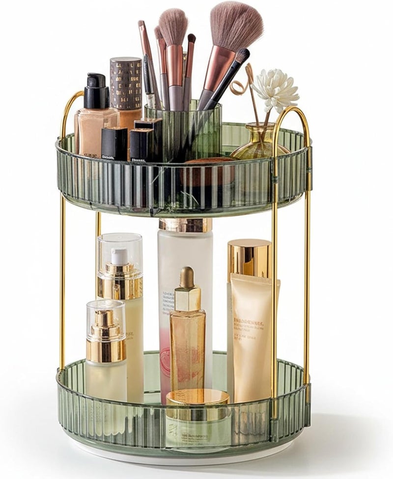 SHANNA Make Up Cosmetic Organiser: 360° Rotation, 2-Tier Large Capacity Makeup Storage, Multifunctional Round Rotating Shelf for Skin Care, Dresser, Bathroom Shelf (Green-A) - Image 1