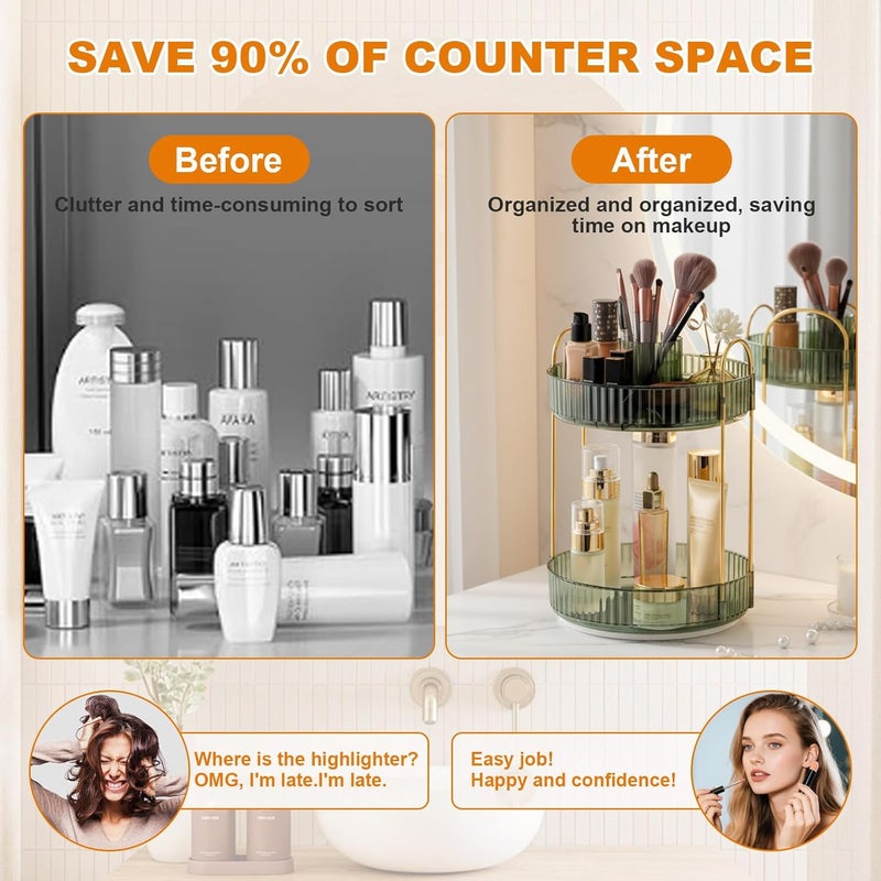 SHANNA Make Up Cosmetic Organiser: 360° Rotation, 2-Tier Large Capacity Makeup Storage, Multifunctional Round Rotating Shelf for Skin Care, Dresser, Bathroom Shelf (Green-A) - Image 2