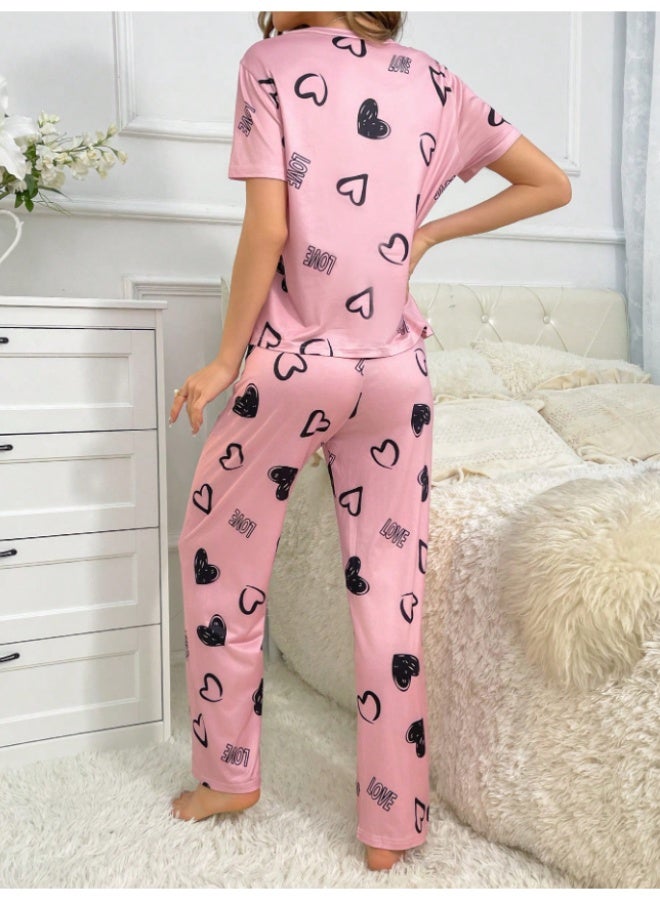 MHD Women Heart Print Crew Neck Short Sleeve T-Shirt And Drawstring Waist Pants Casual Pajama Set - Image 2