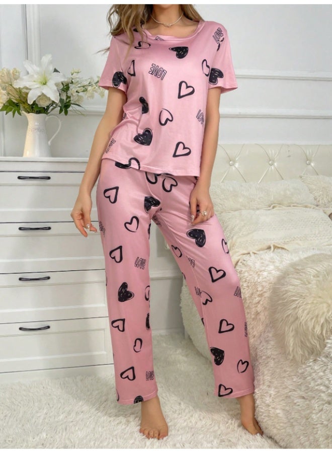 MHD Women Heart Print Crew Neck Short Sleeve T-Shirt And Drawstring Waist Pants Casual Pajama Set - Image 5