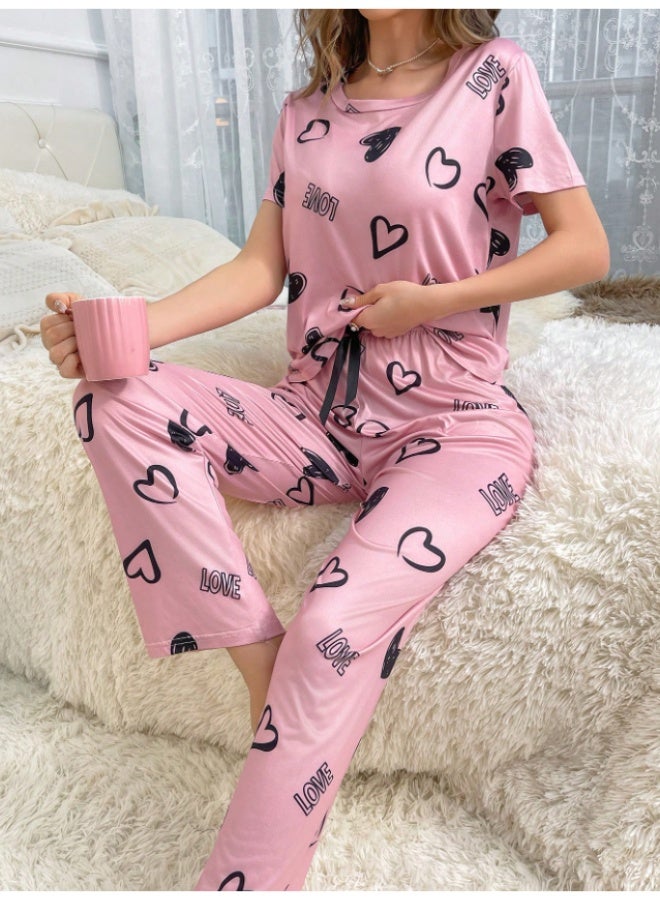 MHD Women Heart Print Crew Neck Short Sleeve T-Shirt And Drawstring Waist Pants Casual Pajama Set - Image 3