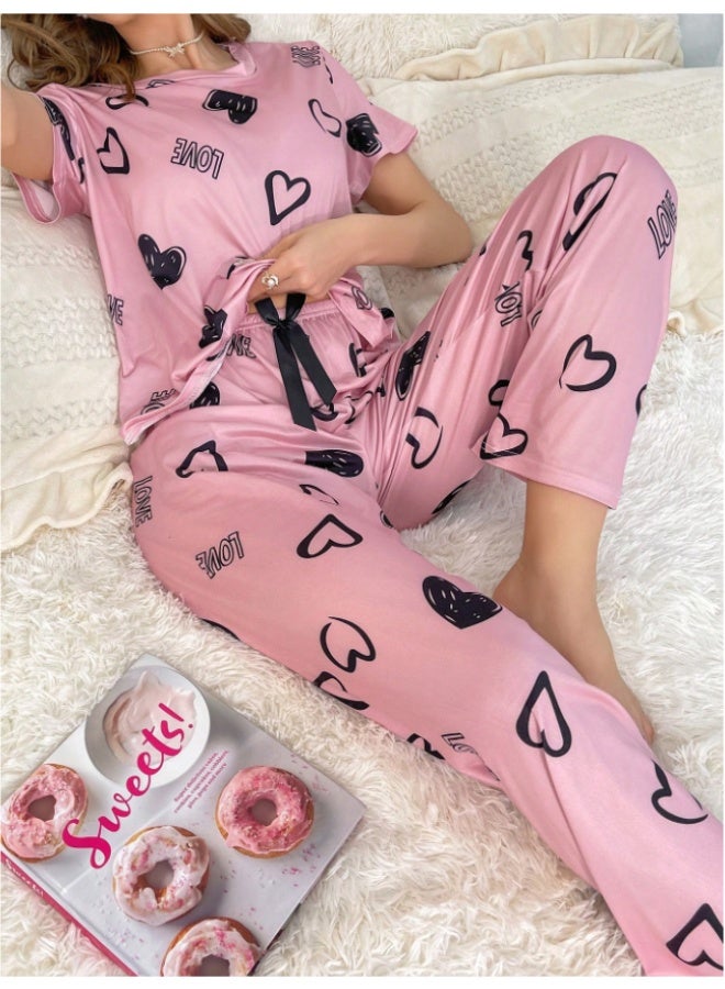 MHD Women Heart Print Crew Neck Short Sleeve T-Shirt And Drawstring Waist Pants Casual Pajama Set - Image 1