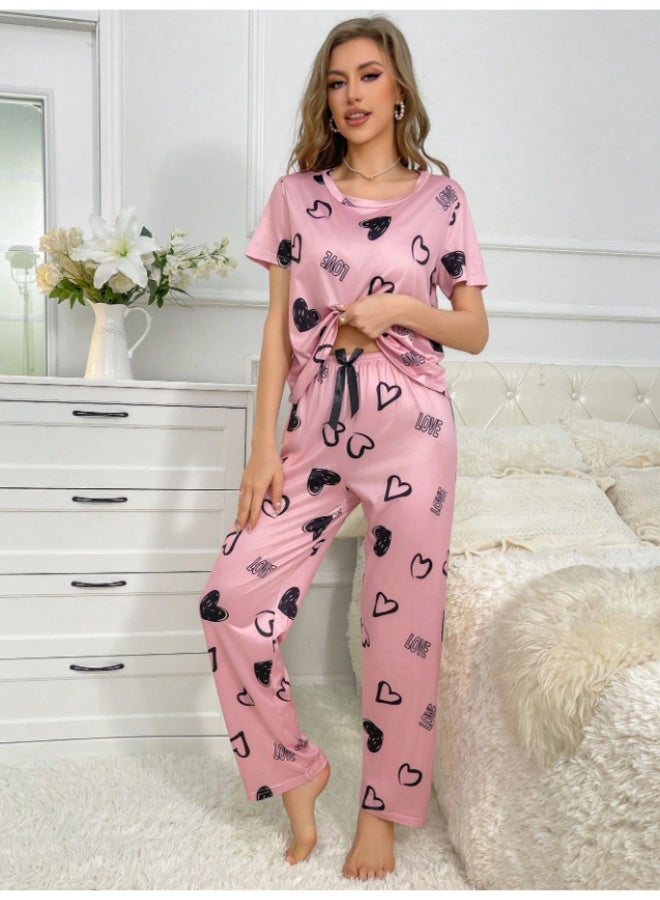 MHD Women Heart Print Crew Neck Short Sleeve T-Shirt And Drawstring Waist Pants Casual Pajama Set - Image 4