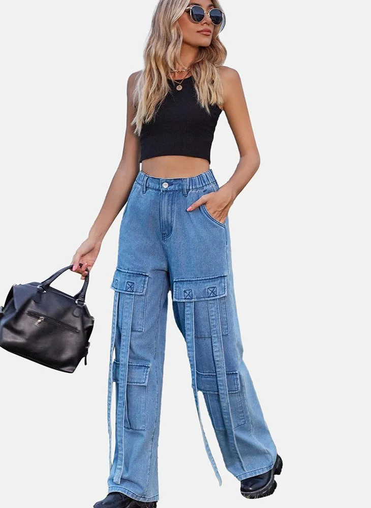 YUNIQEE Blue Regular Fit Mid Rise Plain Cargo Pant
