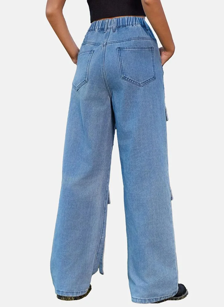 YUNIQEE Blue Regular Fit Mid Rise Plain Cargo Pant