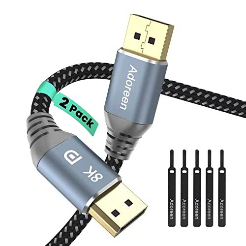 Adoreen VESA Certified 8K DisplayPort 1.4 Cable 3 Feet/2 Pack,Adoreen DP Cord(From 1.5-30FT)8K@60Hz 4K@144Hz 2K@240Hz 32.4Gbps HBR3 HDCP HDR,FreeSync G-Sync,Braided Display Port for Monitor Graphics+ 5 Ties - Image 1