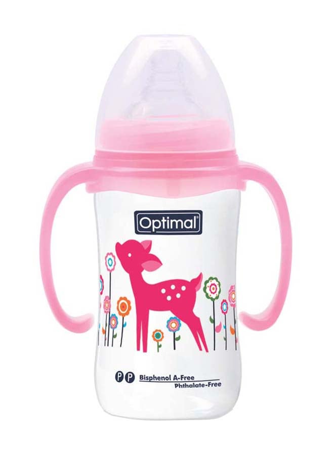 Optimal زجاجة رضاعة ذات عنق عريض ومقبض سعة 240 مل، لون وردي - Image 1
