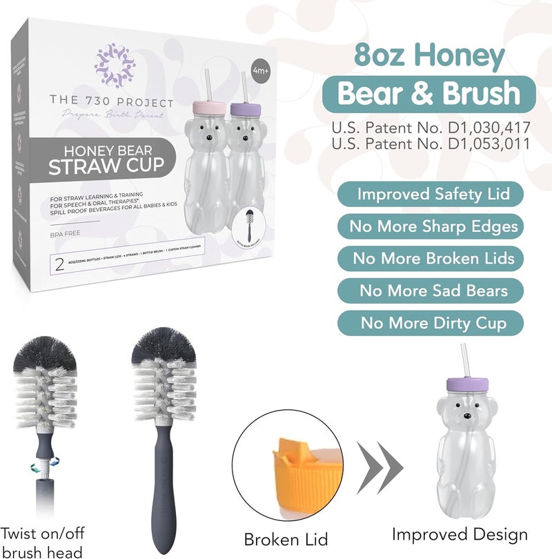 The 730 Project Honey Bear Straw Cup for Babies 8oz Honey BearCup with Bottle Brush 2Pack Improved Lid Therapy Learning Honeybear Straw Cup for Baby Blueberry Pie  Firetruck - Image 4