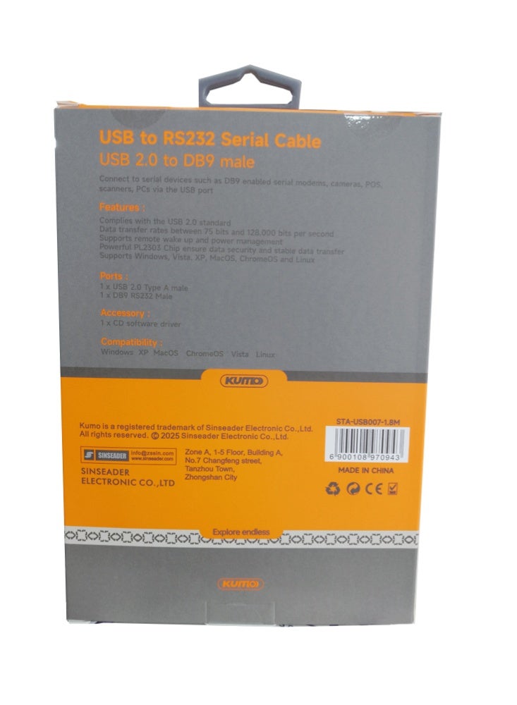 Kumo USB TO RS232 SERIAL CABLE 1.8M (USB 2.0 TO DB9 MALE) - Image 2