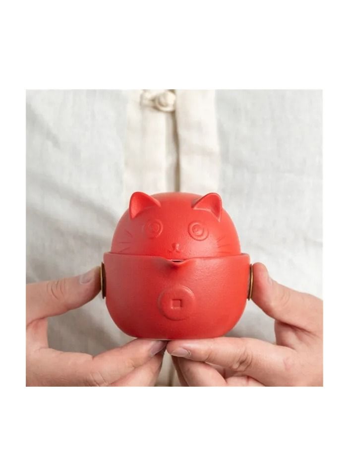 1-Set Cat Shape Travel Portable Ceramic Tea Set with Tea Pot/Cups/Storage Bag,Office Home Travel Teaware Gift For Friend - Image 1